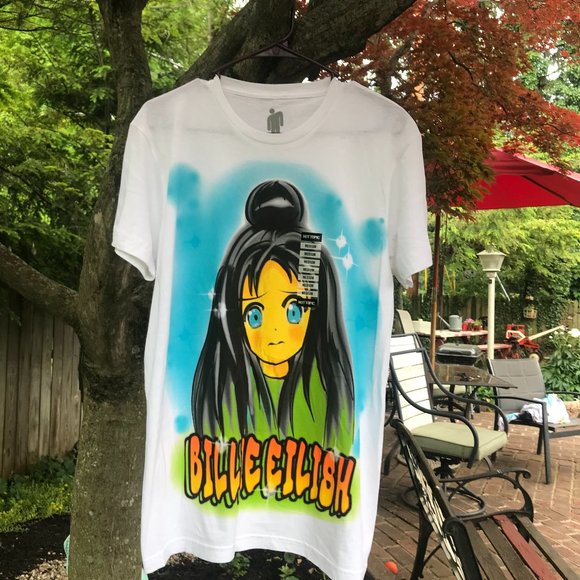 Billie Eilish Tops - Billie Eilish 2019 Neon Anime Airbrush Graphic T-Shirt